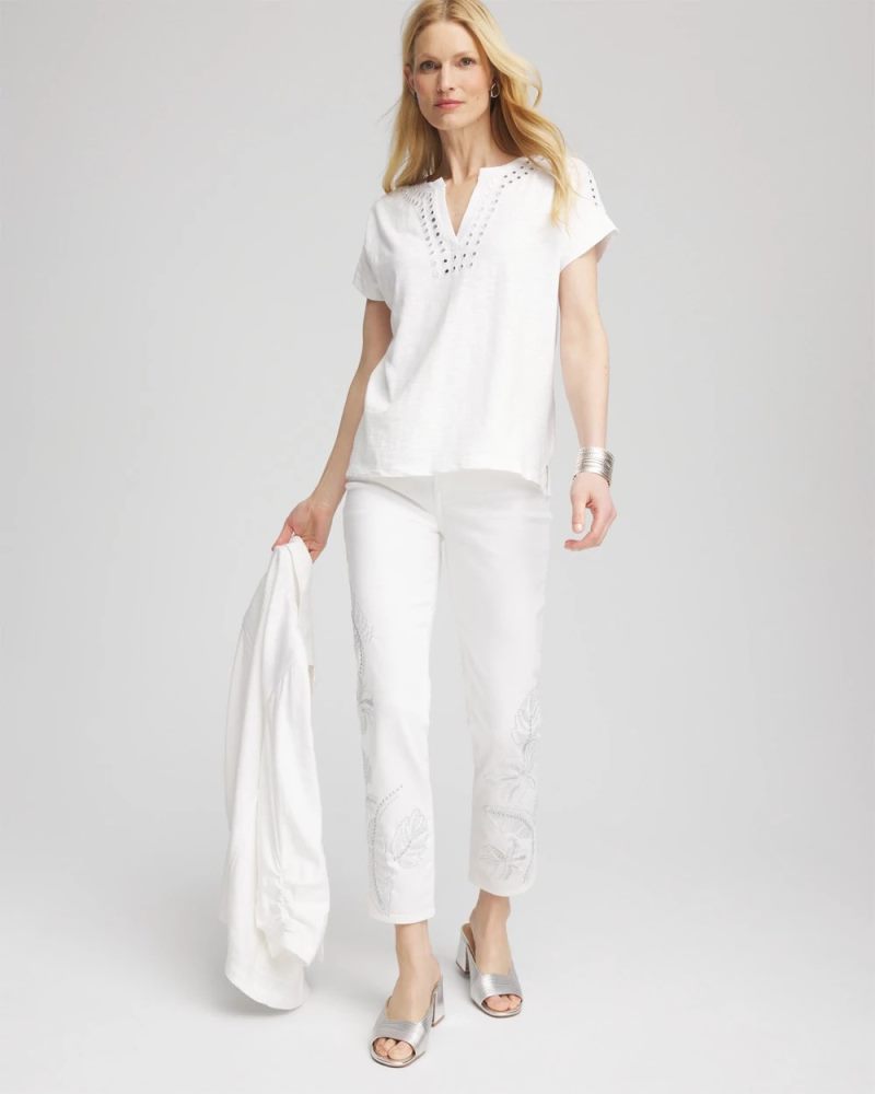Chicos Paillette Trim Cotton Slub Tee - ALABASTER