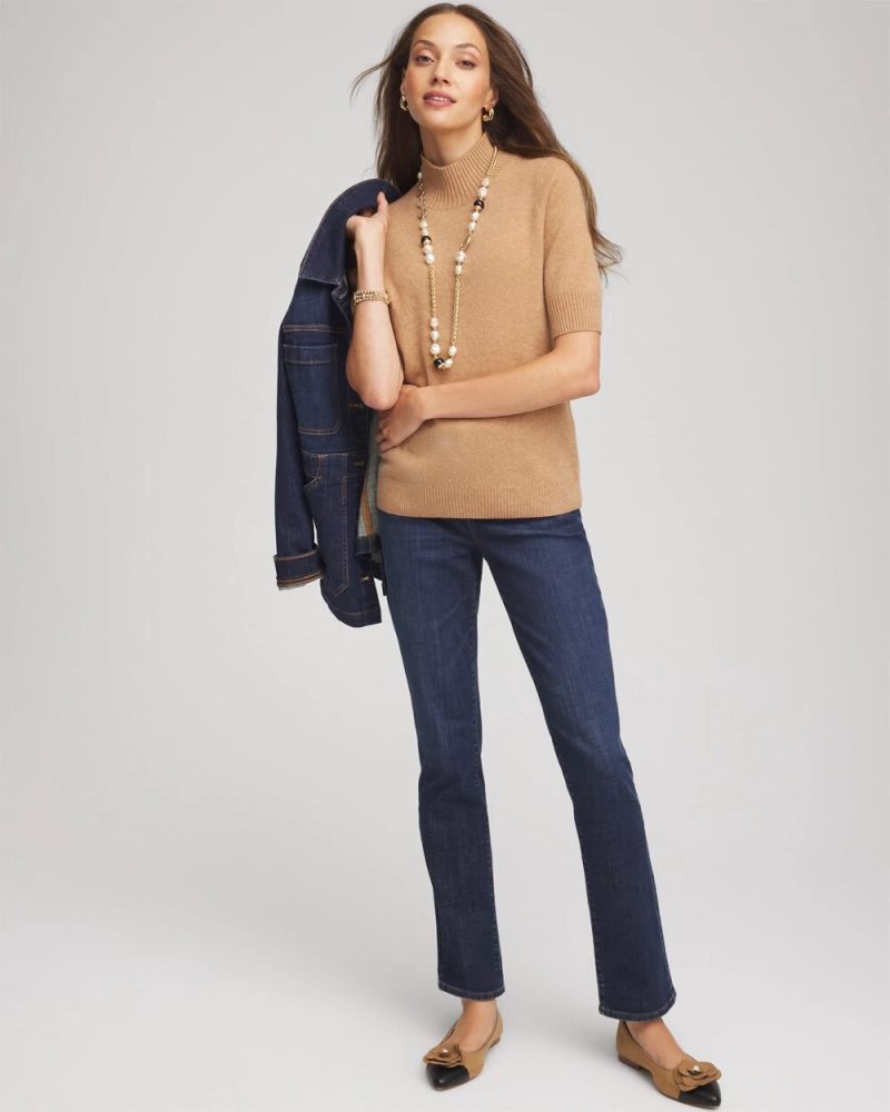 Chicos Cashmere Elbow-Sleeve Sweater - CAMEL