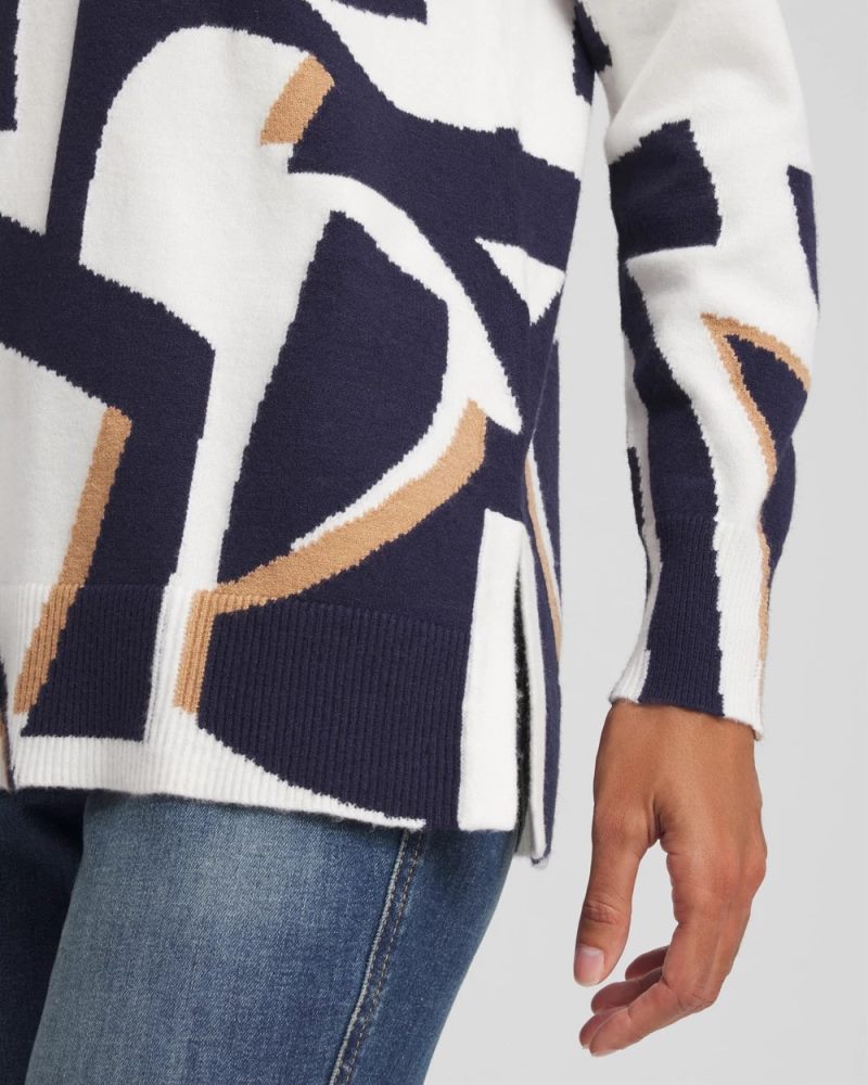 Chicos Geo Intarsia V-Neck Tunic - PASSPORT BLUE