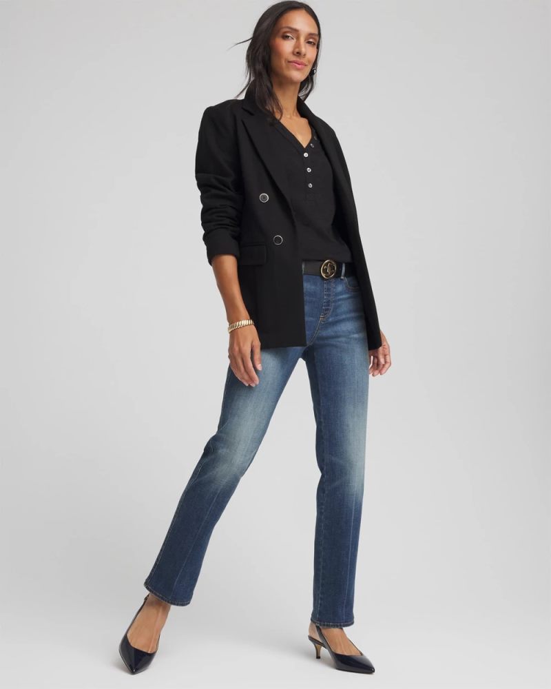 Chicos Slub Splitneck Button Tee - BLACK