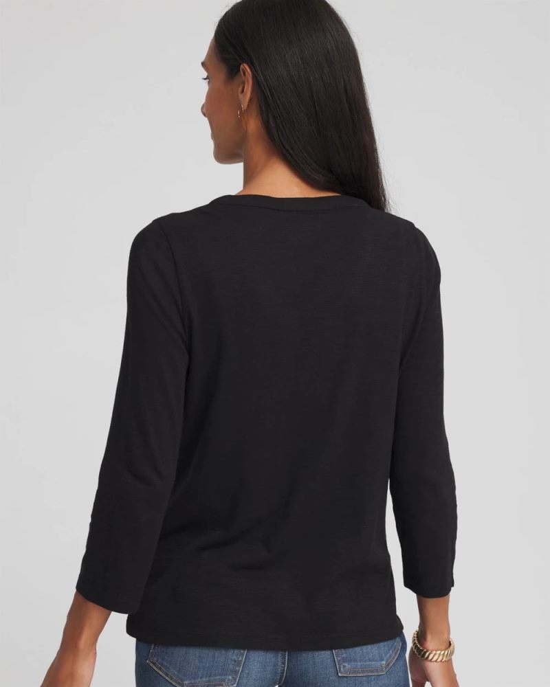 Chicos Slub Splitneck Button Tee - BLACK
