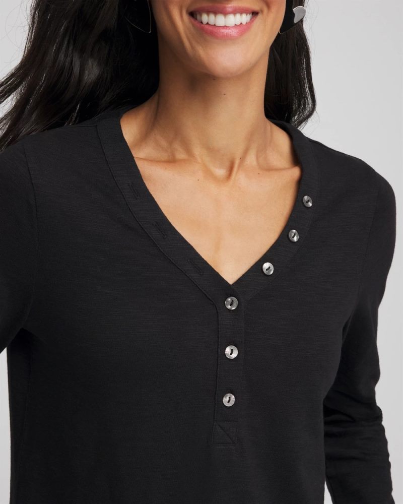 Chicos Slub Splitneck Button Tee - BLACK
