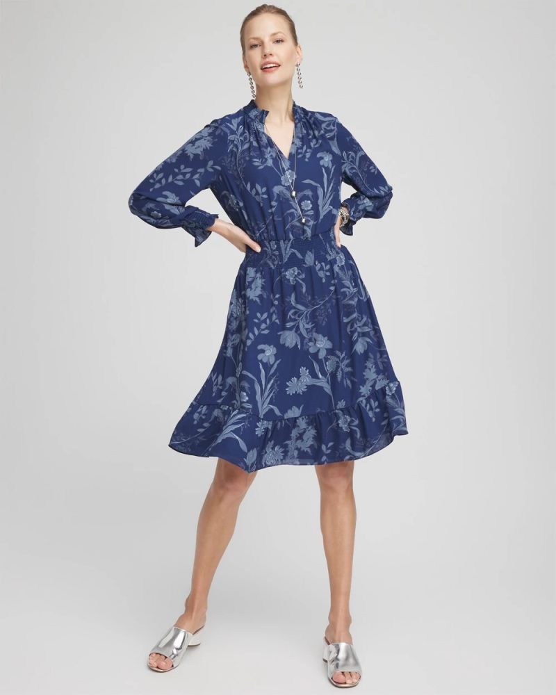 Chicos Floral Smocked Waist Ruffle Dress - DARK HARBOR