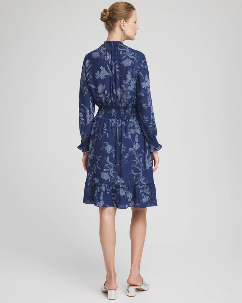 Chicos Floral Smocked Waist Ruffle Dress - DARK HARBOR