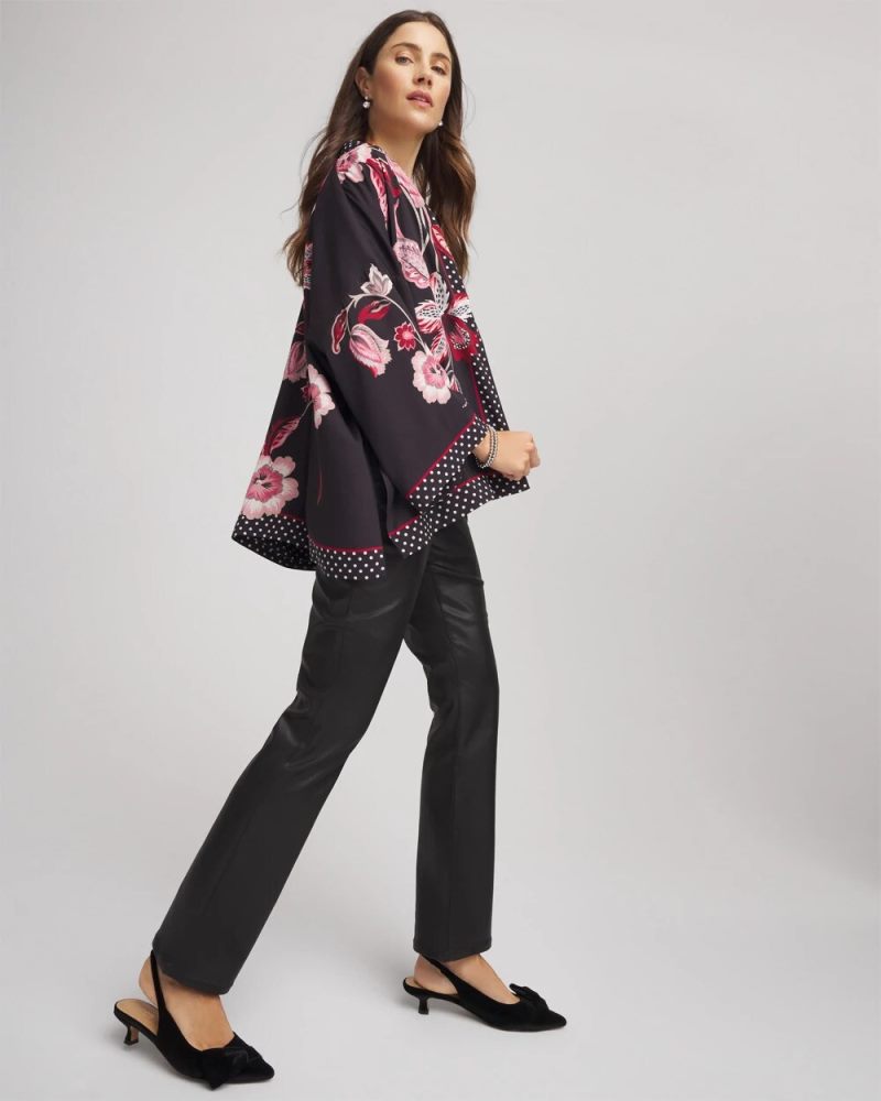 Chicos Short Floral Kimono - BLACK