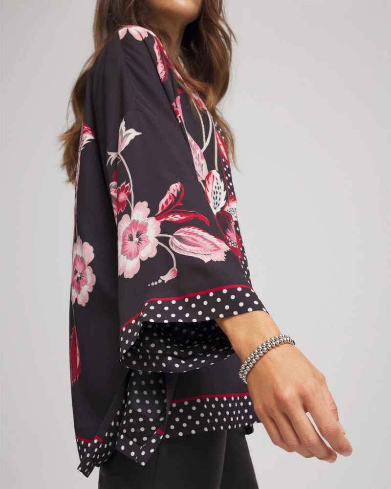 Chicos Short Floral Kimono - BLACK