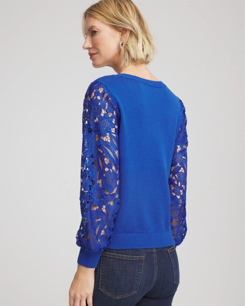 Chicos Woven Lace V-Neck Pullover Sweater - COBALT STONE