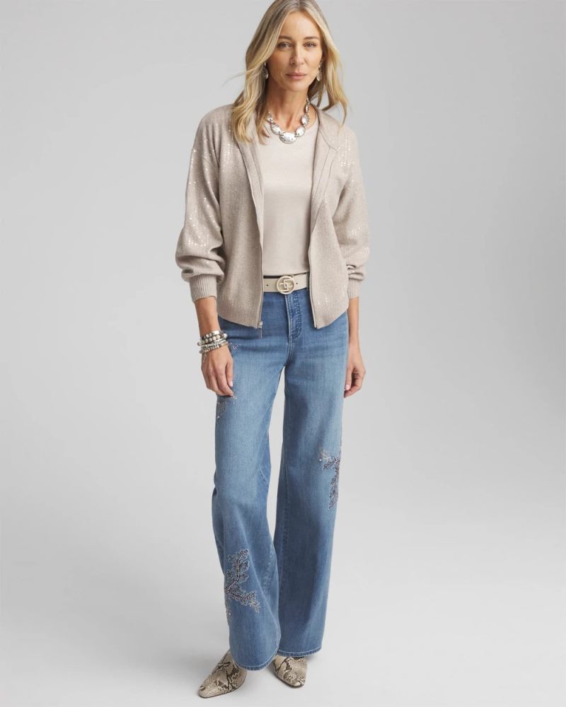 Chicos Sequin Zip Front Cardigan - HELIUM