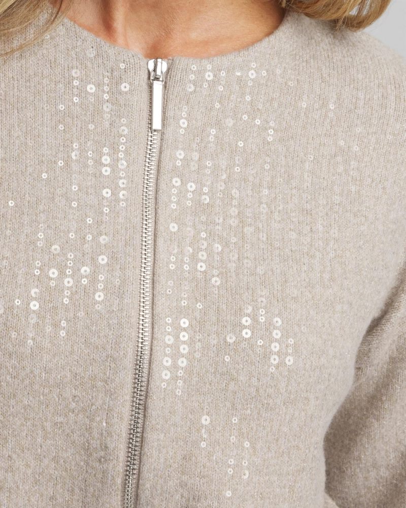 Chicos Sequin Zip Front Cardigan - HELIUM