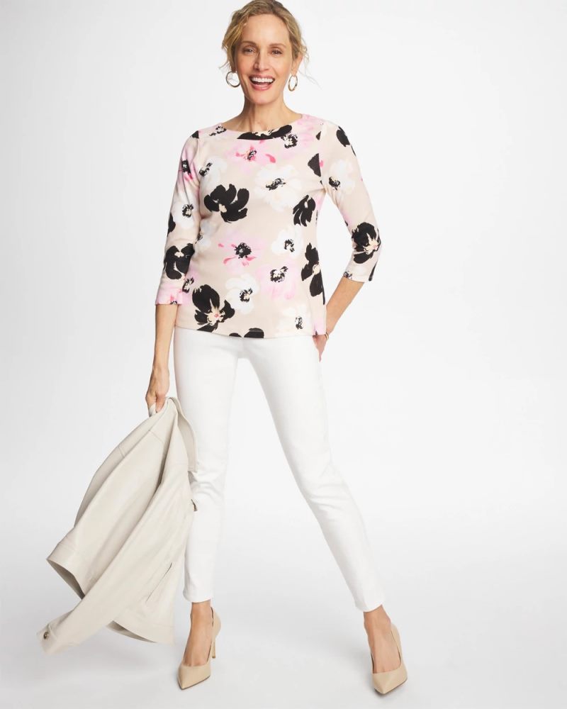 Chicos Printed Pima 3/4 Sleeve Tee - SWEET BLOSSOM