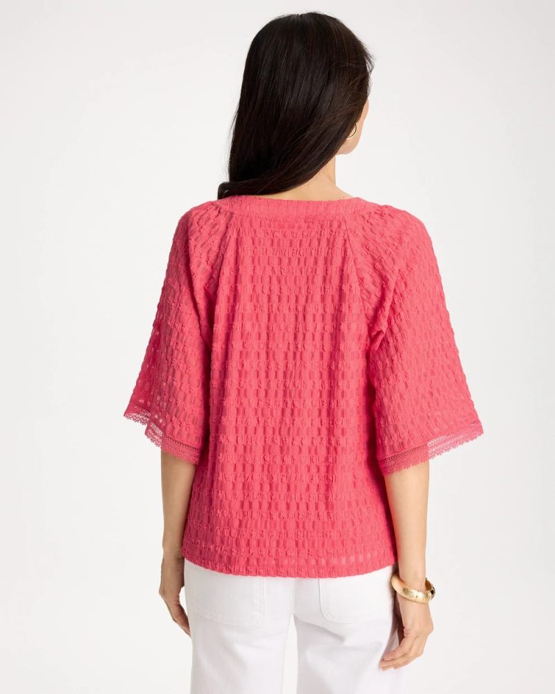 Chicos Crinkle Lace Knit Raglan Tee - CALYPSO CORAL