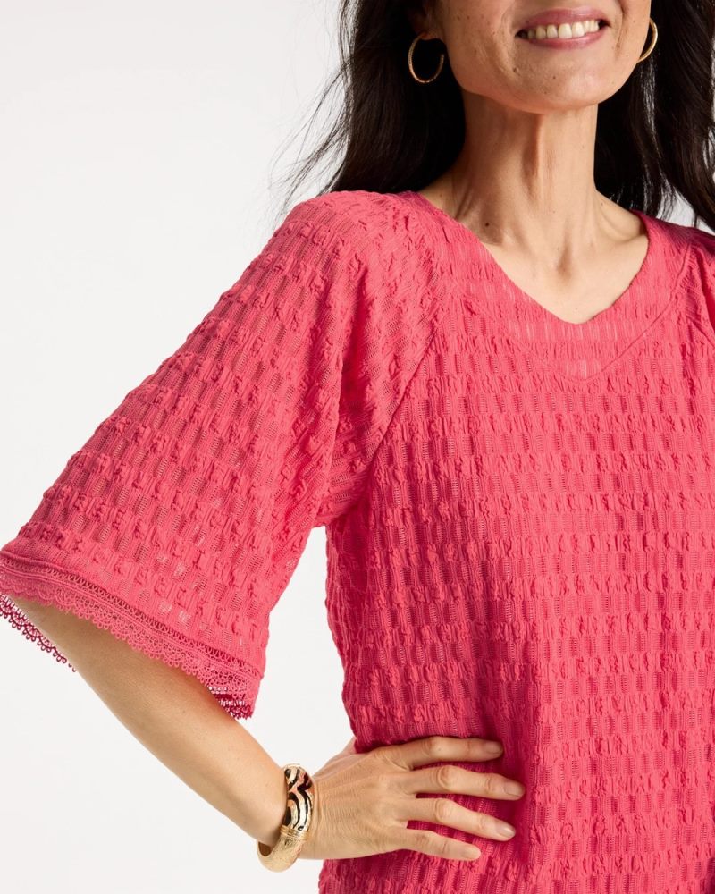 Chicos Crinkle Lace Knit Raglan Tee - CALYPSO CORAL