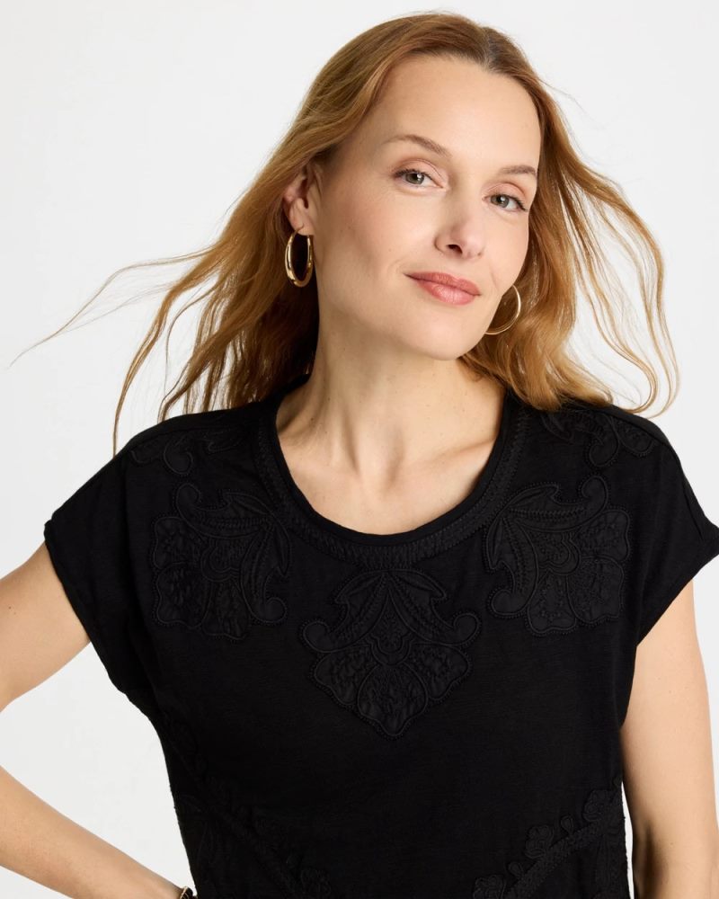 Chicos Monochrome Embroidered Cap-Sleeve Tee - BLACK