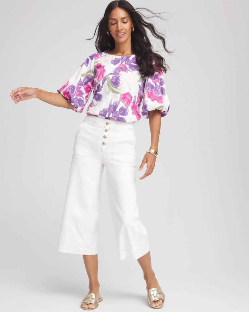 Chicos Floral Bubble Sleeve Top - ALABASTER