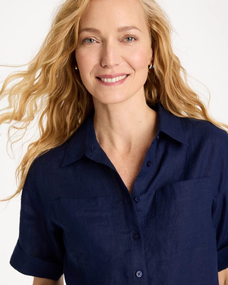 Chicos Linen Camp Collared Shirt - PASSPORT BLUE