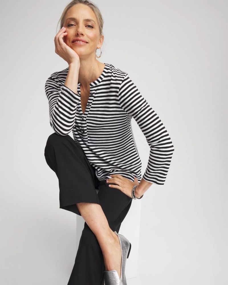 Chicos Striped Slub Splitneck Henley Tee - BLACK