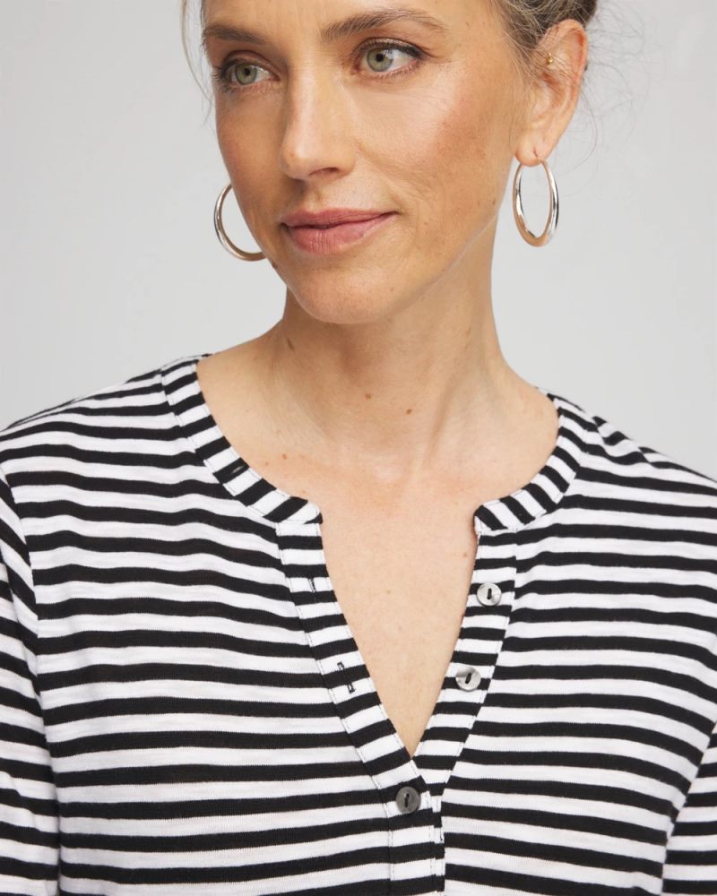 Chicos Striped Slub Splitneck Henley Tee - BLACK