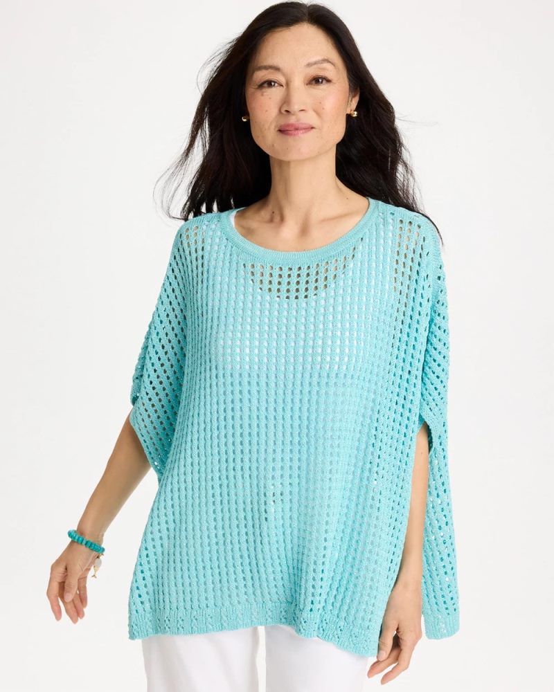 Chicos Open-Stitch Sweater Poncho - BONDI BLUE