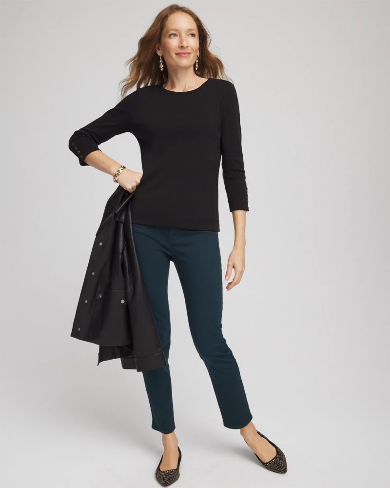 Chicos Pima Cotton Crewneck Button Tee - BLACK