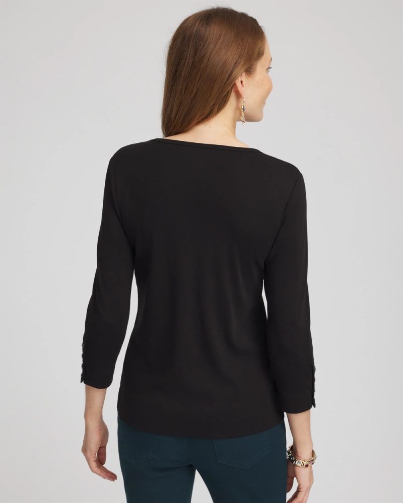 Chicos Pima Cotton Crewneck Button Tee - BLACK
