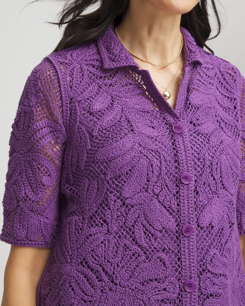 Chicos Palm-Frond Crochet-Lace Shacket - PLUM SHADE