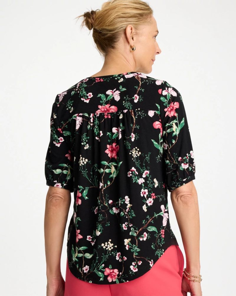Chicos Kyoto Shirred Elbow Sleeve Tee - BLACK
