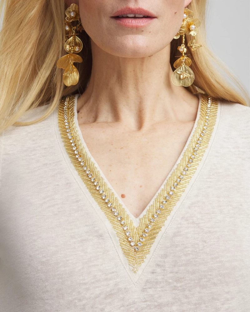 Chicos Linen Embellished V-Neck Tunic - RIVER ROCK