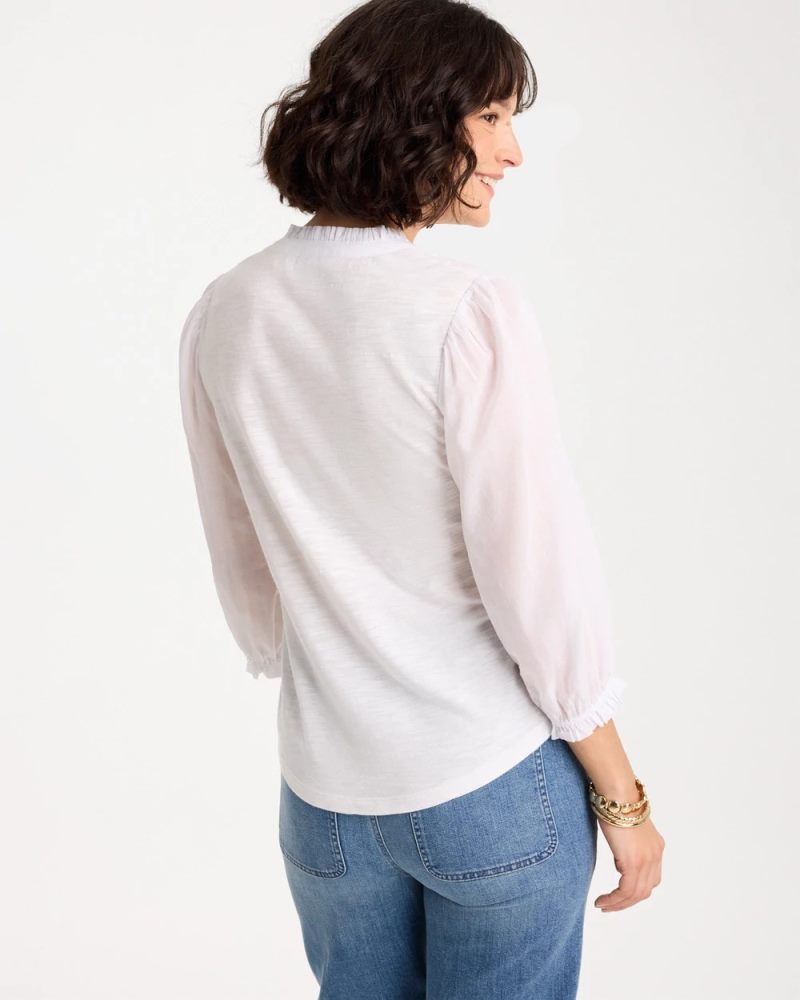 Chicos Ruffled V-Neck 3/4 Sleeve Top - ALABASTER