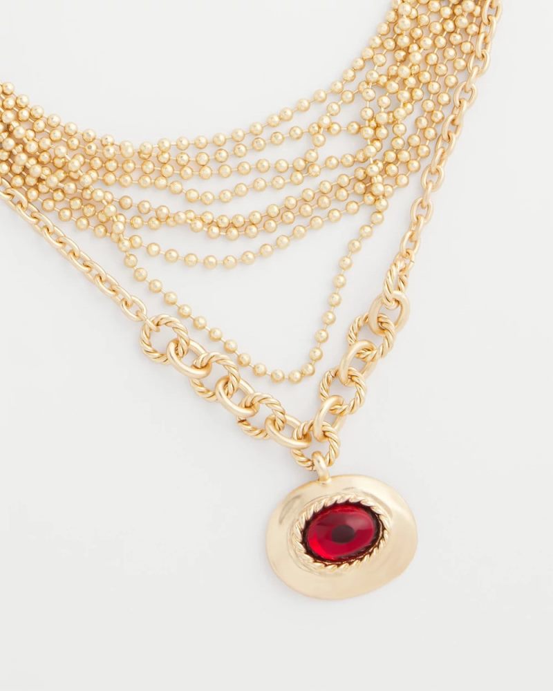 Chicos Art Deco Red Gem Pendant Necklace - RED