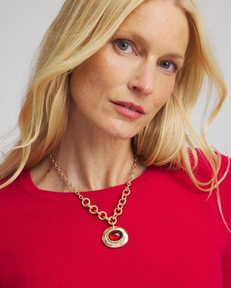 Chicos Art Deco Red Gem Pendant Necklace - RED