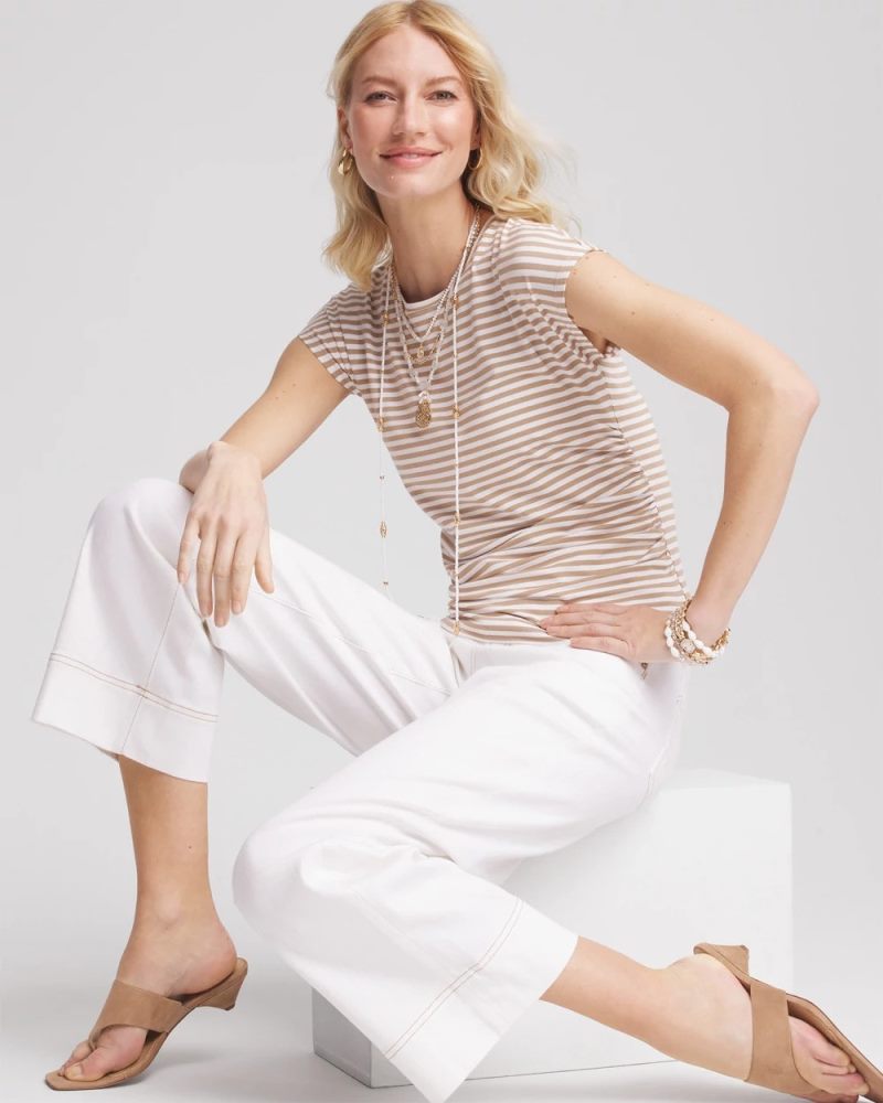 Chicos Neutral Striped Cap Sleeve Dolman Tee - CAFE AROMA