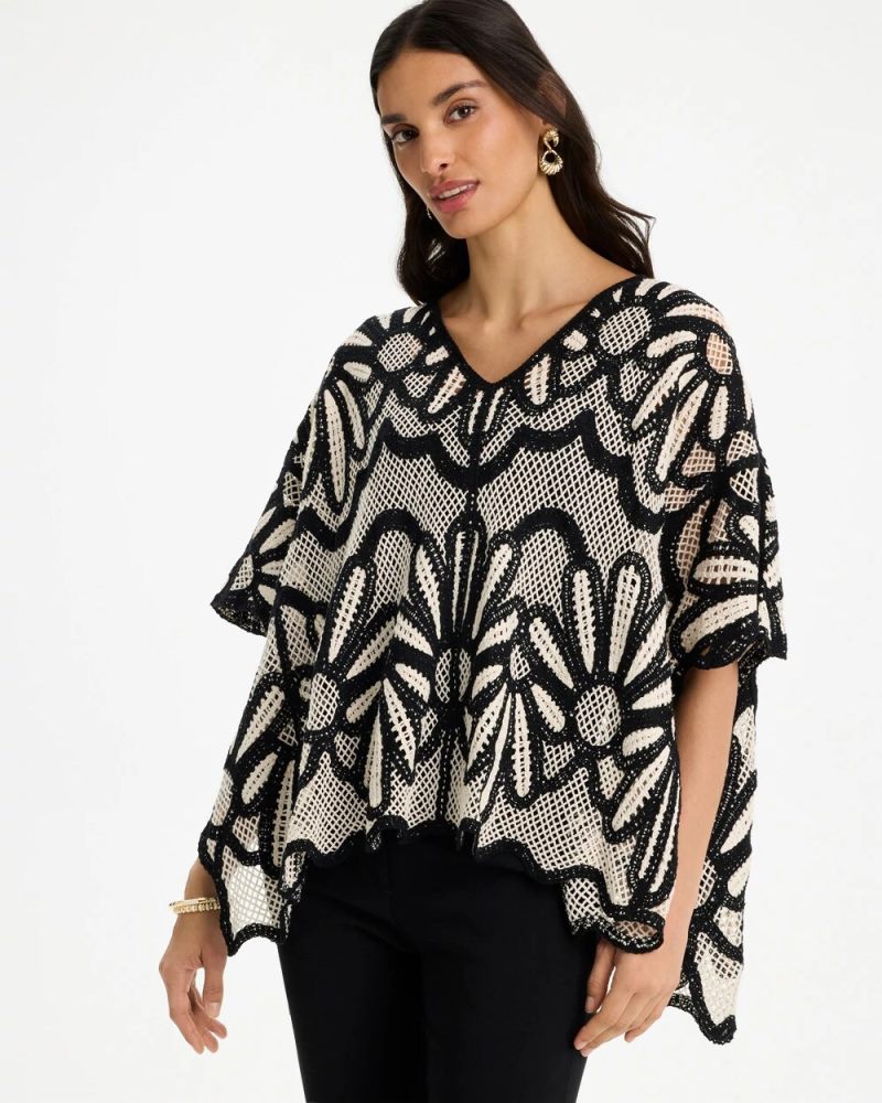 Chicos Crochet Lace Contrast Floral Poncho - BLACK AND NEUTRAL