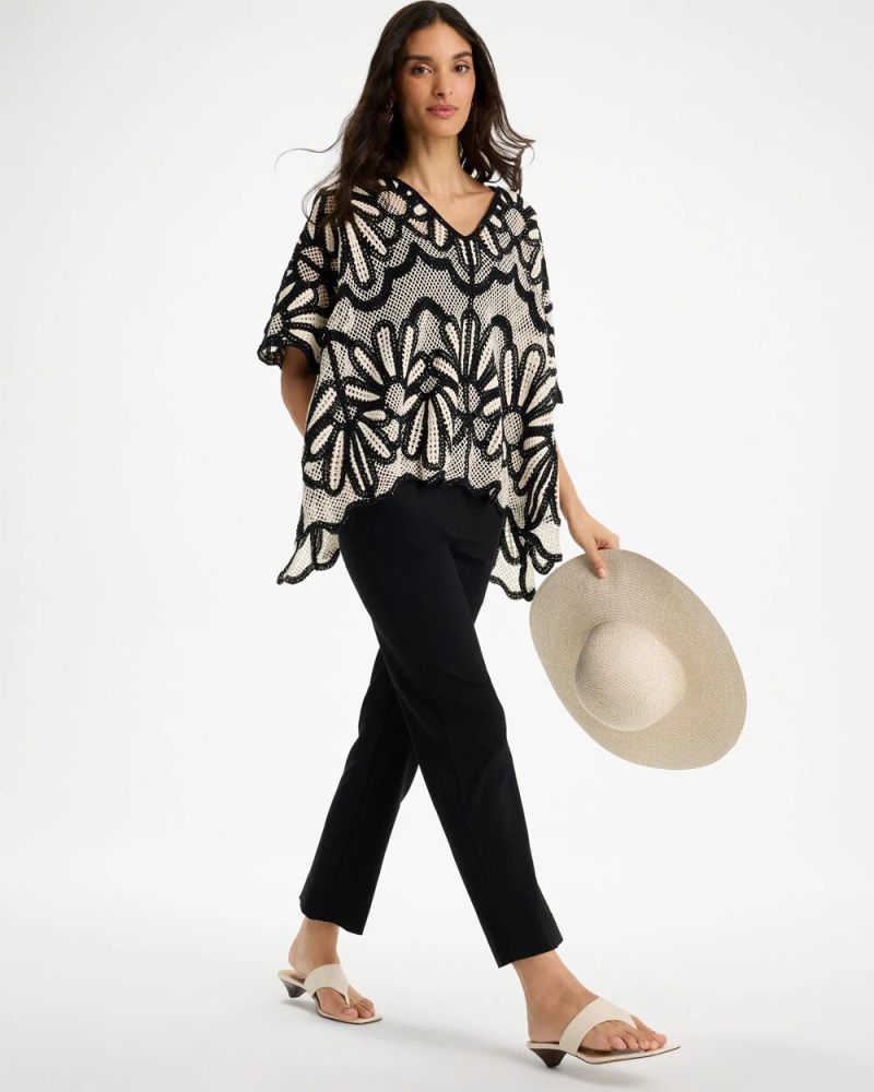 Chicos Crochet Lace Contrast Floral Poncho - BLACK AND NEUTRAL