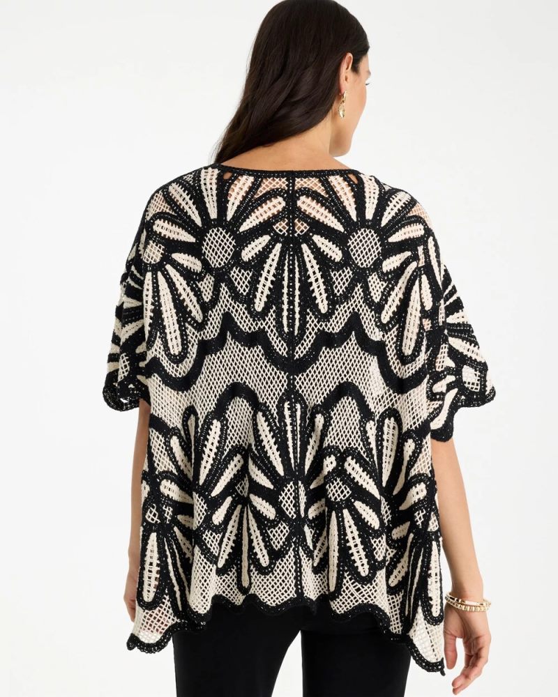 Chicos Crochet Lace Contrast Floral Poncho - BLACK AND NEUTRAL