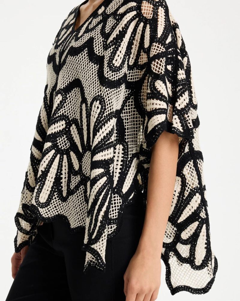 Chicos Crochet Lace Contrast Floral Poncho - BLACK AND NEUTRAL