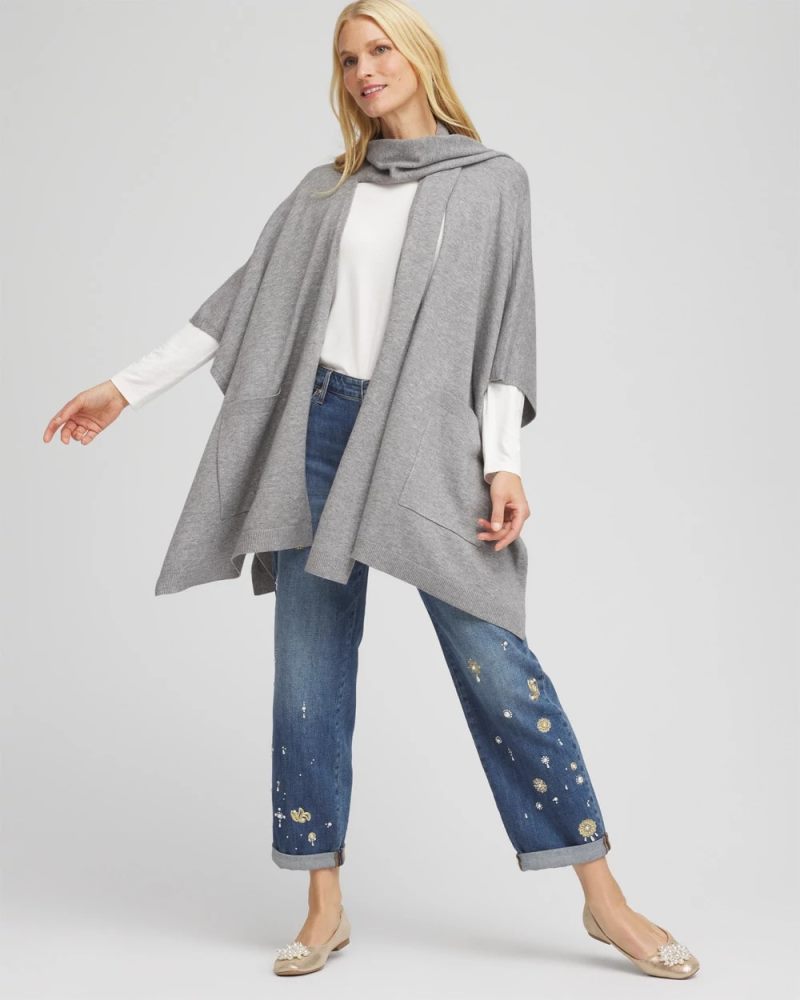 Chicos Long Knit Ruana - MOON SHADE GRAY HEATHER