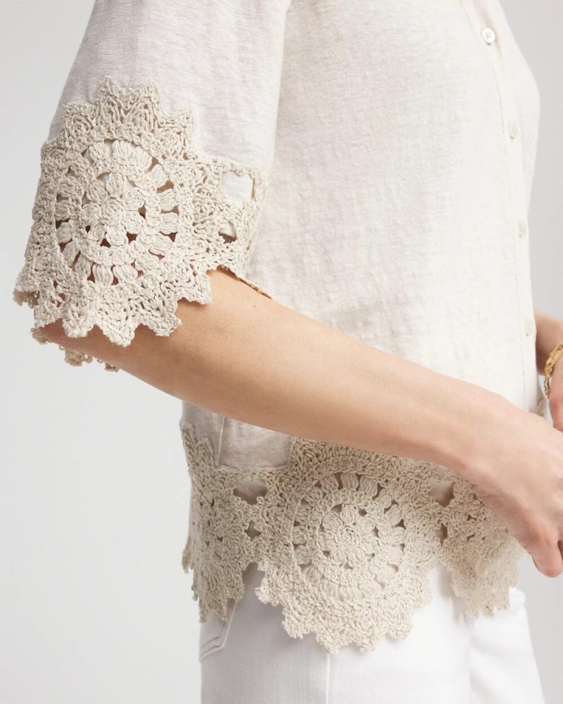 Chicos Crochet Trim Linen Shirt - RIVER ROCK