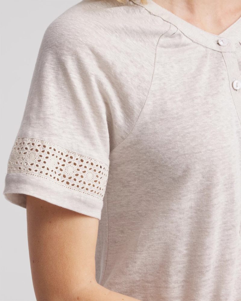 Chicos Linen Lace-Cutwork Sleeve Henley Tee - RIVER ROCK