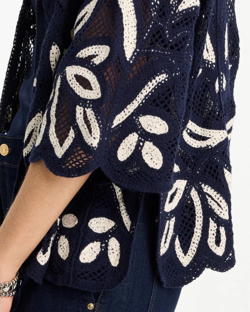 Chicos Woven Crochet Lace Contrast Kimono - PASSPORT BLUE