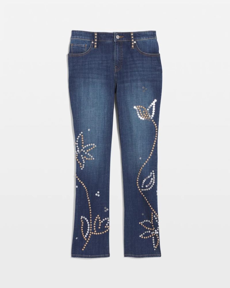 Chicos Embellished Girlfriend Cropped Flared Jeans - SPELLBOUND INDIGO