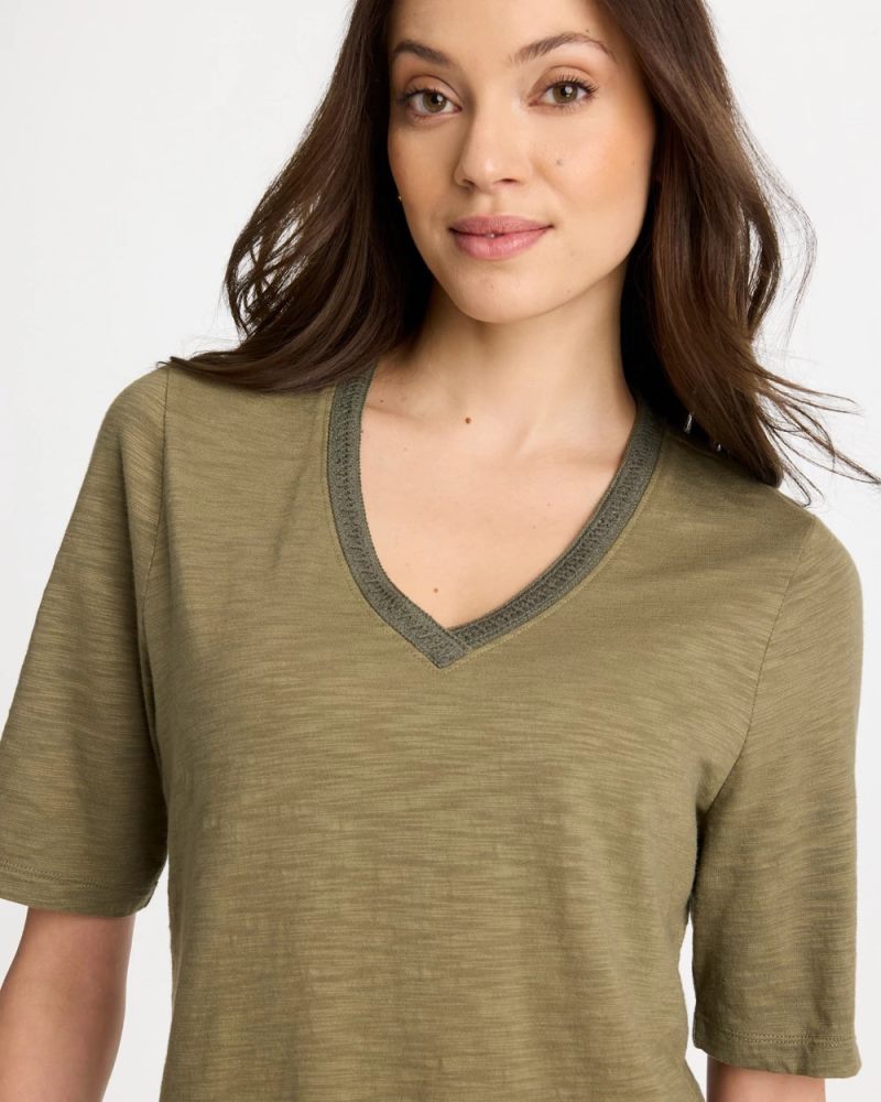 Chicos Cotton Slub V-Neck Tee - LICHEN