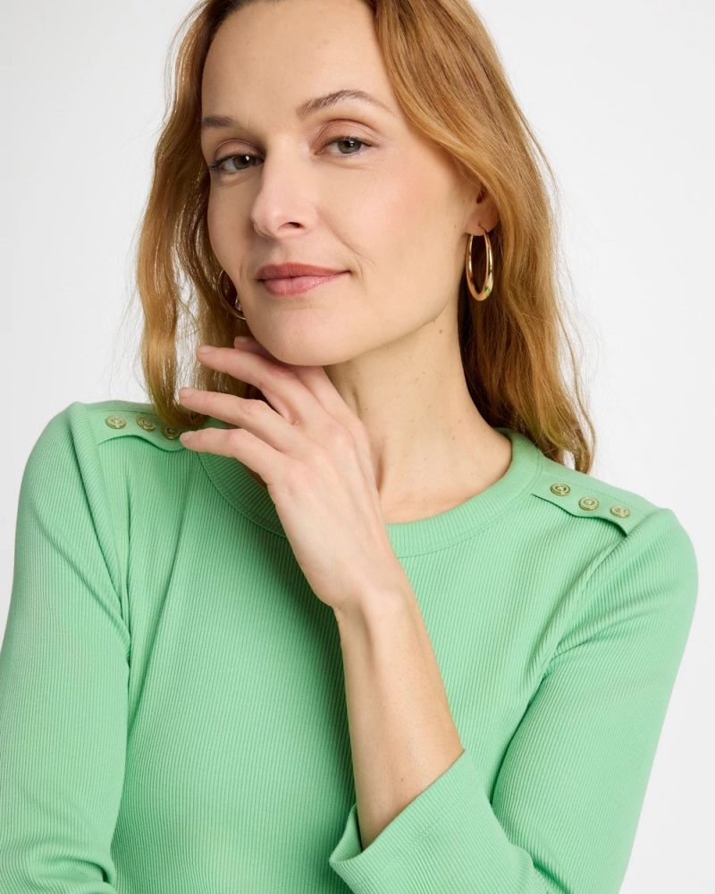 Chicos Ribbed Button Crewneck Tee - PEPPERMINT GREEN