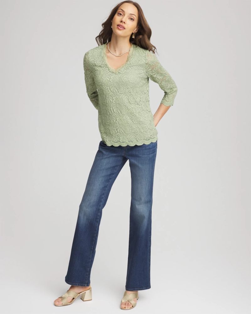 Chicos Lace Scallop-Hem Knit Tee - SAGE MEADOW
