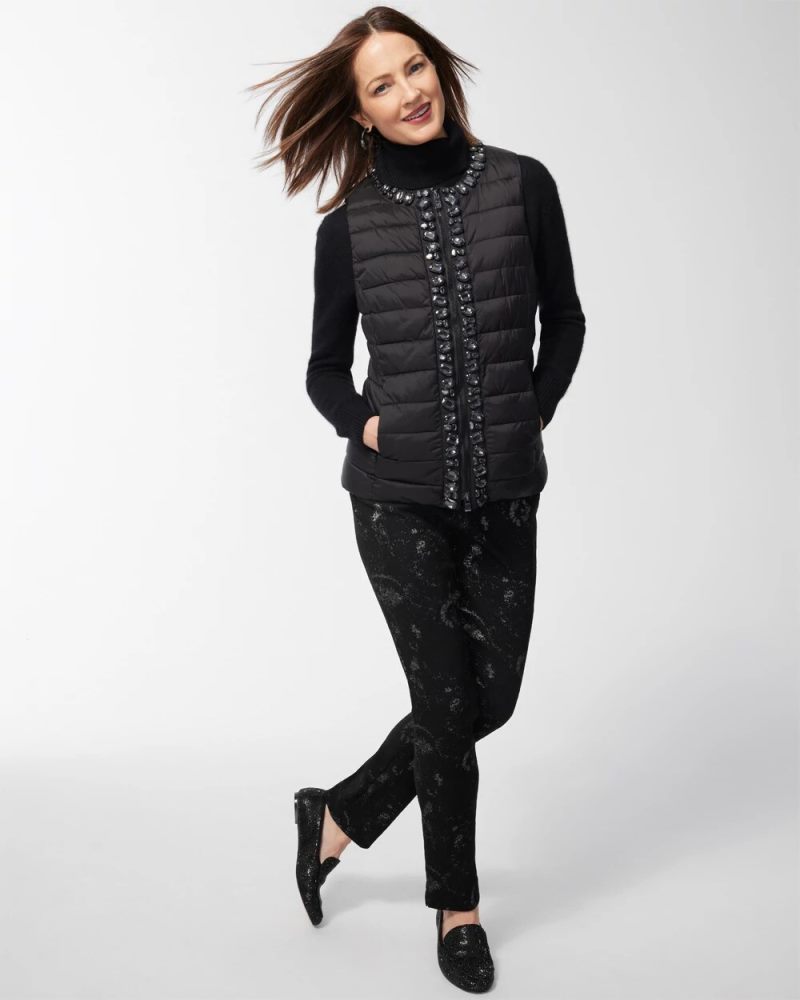 Chicos Embellished Puffer Vest - BLACK