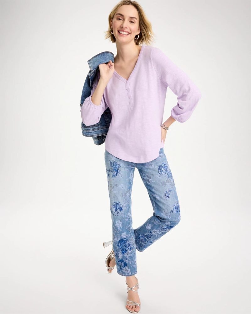 Chicos Puff Sleeve Cotton Slub Henley Tee - ORCHID MIST