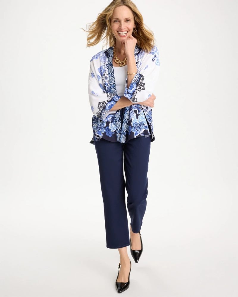Chicos Woven Faux Silk Printed Kimono - ALABASTER