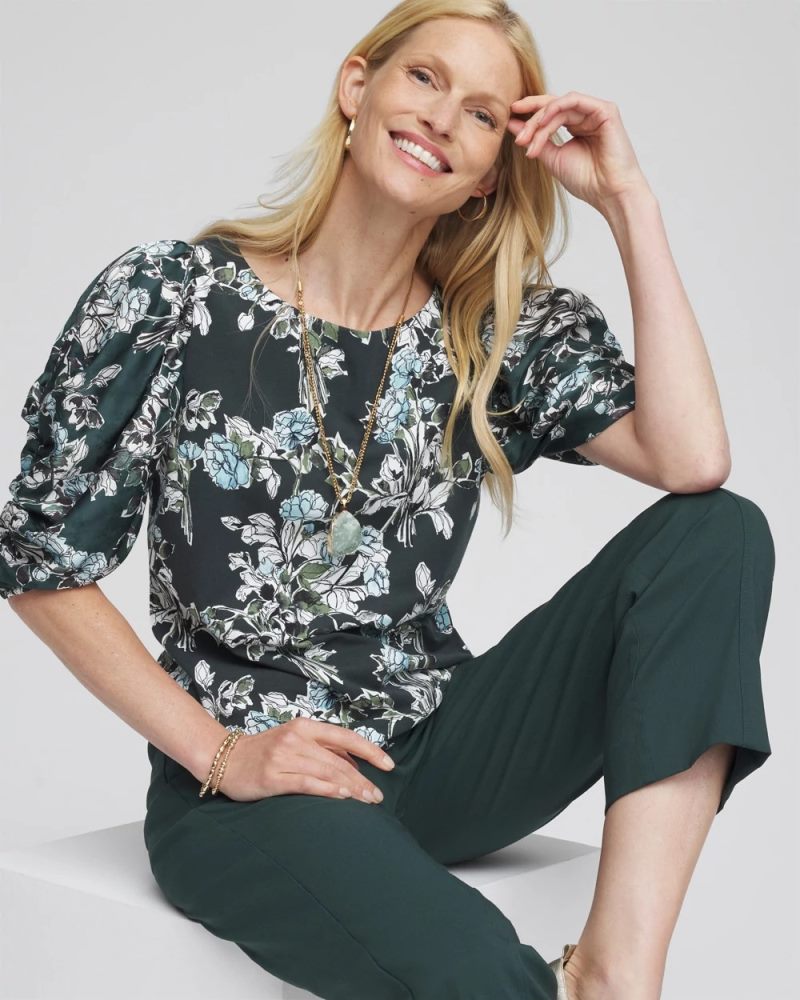 Chicos Crewneck Bubble-Sleeve Top - DARKEST SPRUCE