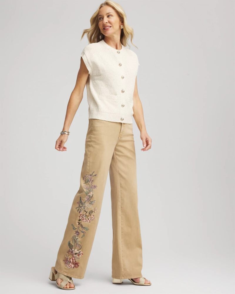 Chicos Embroidered High-Rise Wide-Leg Jeans - CAFE AROMA