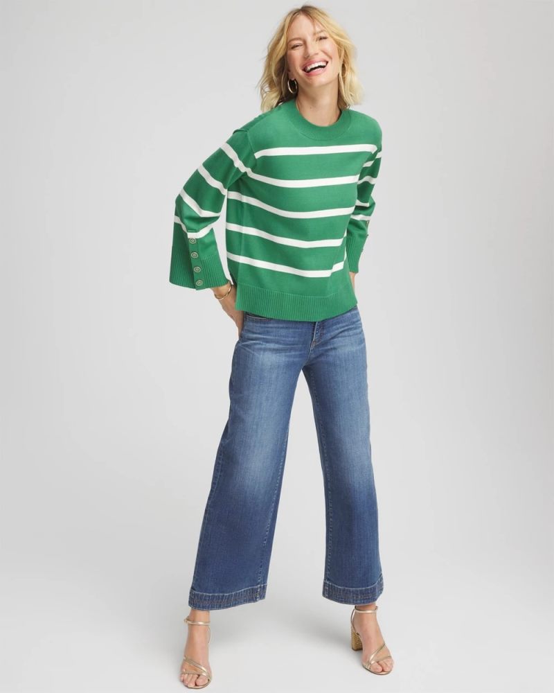 Chicos Striped Button Sleeve Crewneck Pullover Sweater - JARDIN GREEN