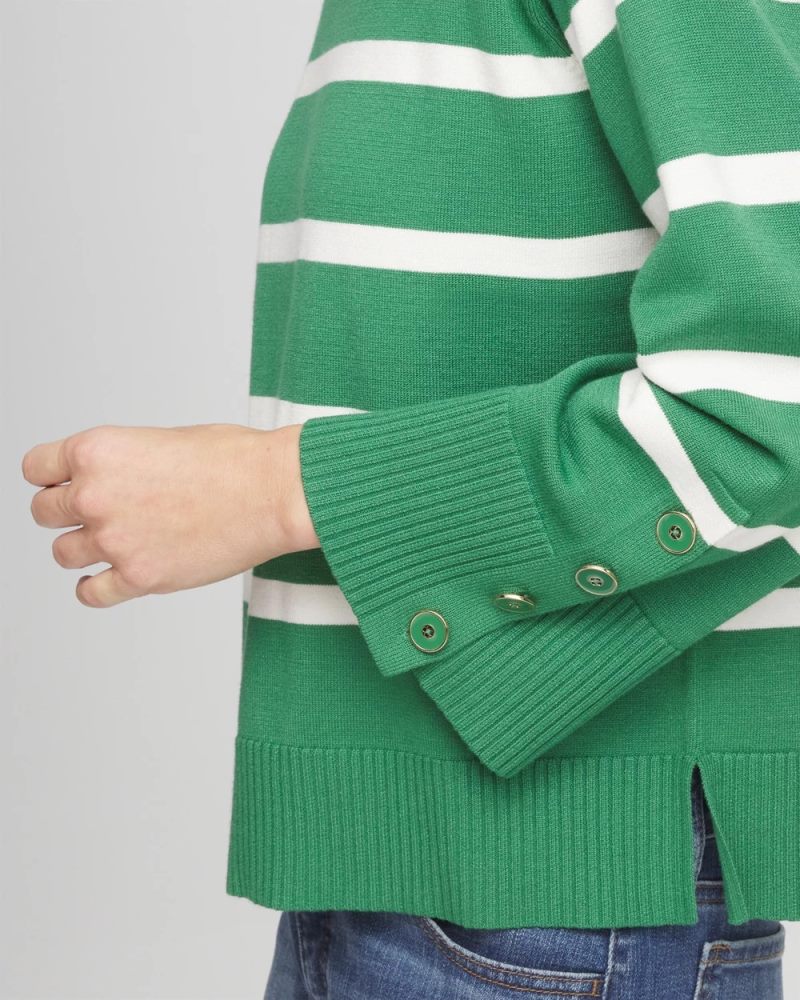 Chicos Striped Button Sleeve Crewneck Pullover Sweater - JARDIN GREEN